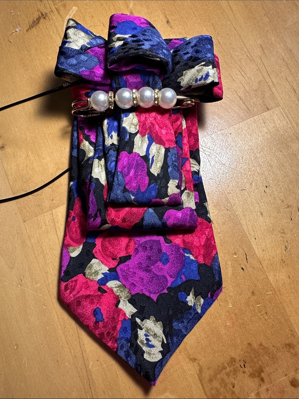 Hardy Amies Floral Silk Bow with Pearl Accent - Pink, Blue & Cream